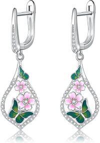 wholesale 925 Sterling Silver Green & Pink Enamel Butterfly and Flower Teardrop Dangle Earrings for Women Girls Gift-butterfly flower