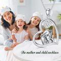 wholesale 925 Sterling Silver Mother and Child Heart Pendant Necklace with Cubic Zirconia for Women-0-2