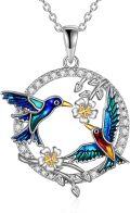 wholesale 925 Sterling Silver Enamel Hummingbirds Moon Flower Pendant Necklaces Gifts for Women Girls-0-0