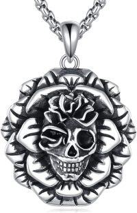 wholesale 925 Sterling Silver Skull Rose Pendant Necklace for Men Women Gothic-Skull