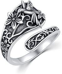 wholesale Sterling Silver Sun Moon Bee Celtic Tree Life Lotus Spoon Adjustable Open Ring Unisex Gift-Hummingbird-Hummingbird