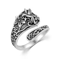 wholesale 925 Sterling Silver Sun Moon Bee Celtic Tree Life Lotus Spoon Adjustable Open Ring Unisex Gift-Hummingbird-Hummingbird