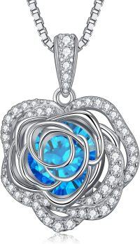 wholesale  Sterling Silver 12 Birthstone Rose Pendant Necklace Mother s Day Gift -3-Mar-Aquamarine