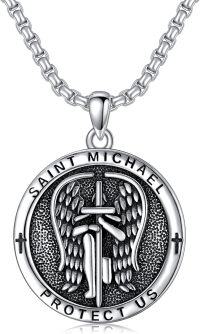 wholesale 925 Sterling Silver Saint Michael Protect Us Cross Angel Wings Pendant Necklace for Men Women Catholic  48cm Chain Length-St Michael