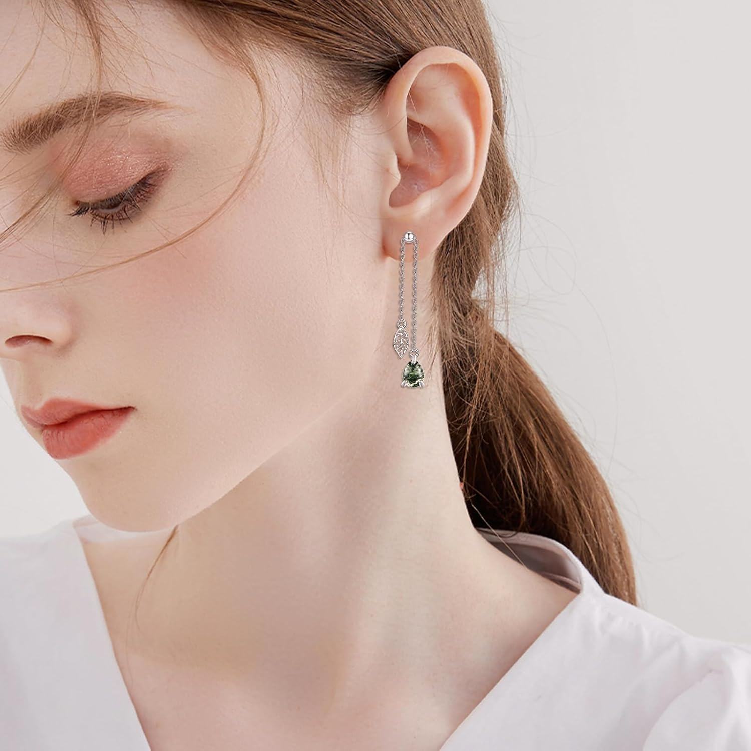 925 Sterling Silver Green Moss Agate Leaf Dangle Threader Earrings for Women-0-1