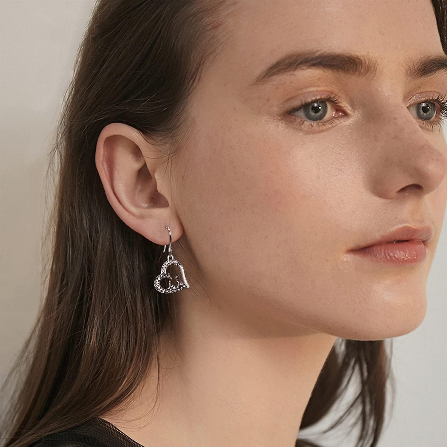 925 Sterling Silver Heart-Shaped Giraffe Family Dangle Drop Earrings for Women Gifts-0-1