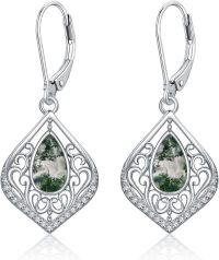 wholesale Sterling Silver Filigree Teardrop Drop Dangle Birthstone Earrings-Moss Agate