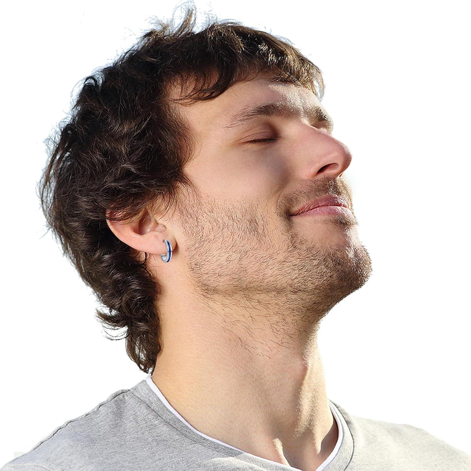 Sterling Silver Blue Opal Huggie Hoop Earrings for Men Women-0-5