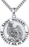 wholesale 925 Sterling Silver Saint Michael Pendant with Dragon and Sword on Round Medal Chain Necklace for Men Women 3D Protection  (Silver)-0-0