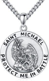 wholesale 925 Sterling Silver Saint Michael Pendant with Dragon and Sword on Round Medal Chain Necklace for Men Women 3D Protection  (Silver)-A3.Saint Michael(round)