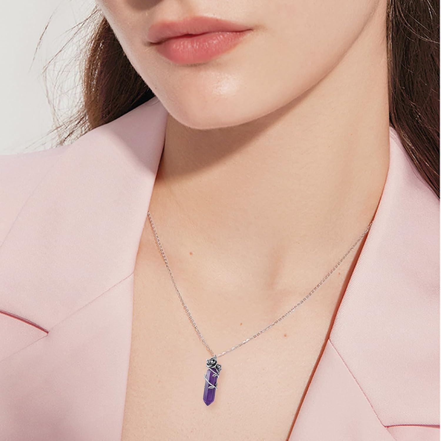 Sterling Silver Amethyst Crystal Necklace Rose Pendant Jewelry Gift-0-2