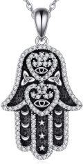 wholesale 925 Sterling Silver Black Enamel & Cubic Zirconia Hamsa Pendant Necklaces for Men and Women-0-0