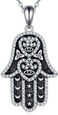 wholesale 925 Sterling Silver Black Enamel & Cubic Zirconia Hamsa Pendant Necklaces for Men and Women-hamsa hand