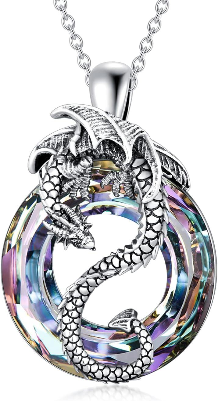 Sterling Silver Crystal Dragon Wyvern Necklace Jewelry Gift for Women-Purple