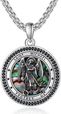 wholesale 925 Sterling Silver Saint Michael Pendant with Abalone Shell and Black CZs for Men & Women - Catholic Religious -A-St Michael-Abalone Shell-A-St Michael-Abalone Shell