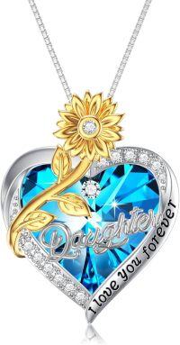 wholesale 925 Sterling Silver Blue Crystal Heart with Gold Sunflower and Cubic Zirconia Accents Pendant Necklace for Daughter-Daughter-Blue Crystal