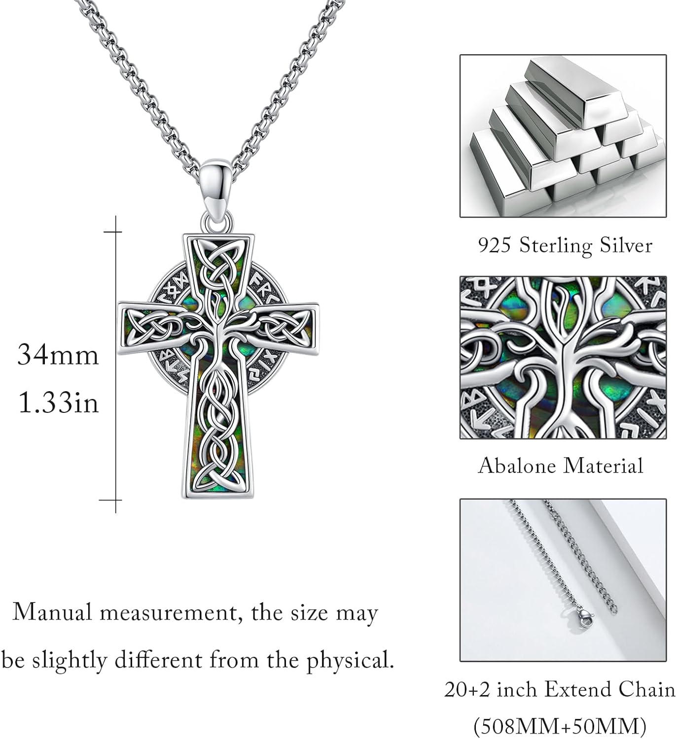 wholesale 925 Sterling Silver Celtic Knot Cross Pendant with Green Abalone Shell Inlay Norse Valknut Amulet Necklace for Men & Women with Stainless Steel Chain-0-4