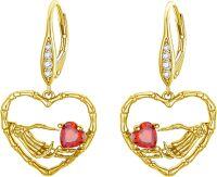 wholesale Gold 925 Sterling Silver Skeleton Hand with Red Crystal Heart Gothic Skull Dangle Earrings for Women Gift-Yellow Gold Plated
