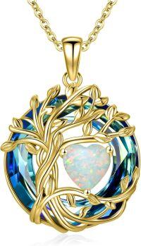 wholesale 925 Sterling Silver Tree of Life Birthstone Necklace with Blue Austrian Crystal and White Opal Heart Pendant Irish Celtic Jewelry for Mom Wife Girlfriend-18K Gold-Blue Crystal