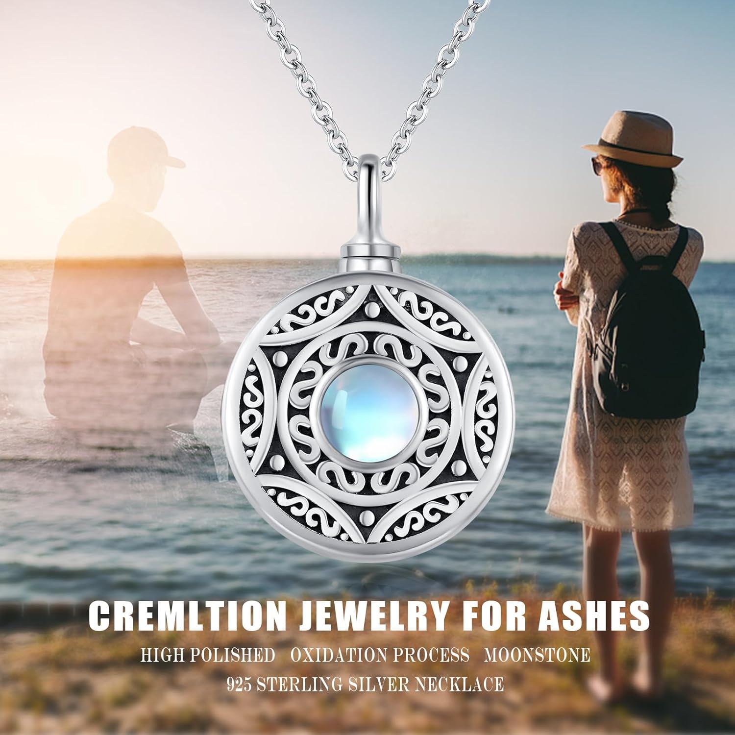 Sterling Silver Moonstone Urn Necklace Cremation Memorial Jewelry for Women Men-0-6