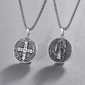 wholesale 925 Sterling Silver St. Benedict Round Medal Necklace Pendant with Cross and Religious Symbols for Men Women  24 Chain Length (Silver)-0-2