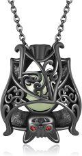 wholesale 925 Sterling Silver Black Bat Pendant with Green Stone and Red Eyes Necklace for Women Gifts-0-0