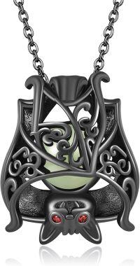 wholesale 925 Sterling Silver Black Bat Pendant with Green Stone and Red Eyes Necklace for Women Gifts-Bat