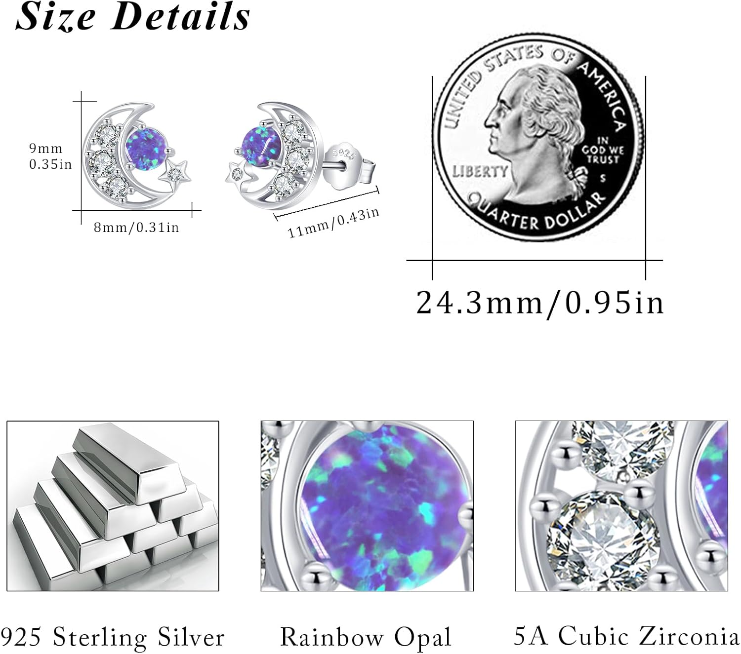 wholesale 925 Sterling Silver Purple Fire Opal Moon & Stars Stud Earrings Celestial s for Women Girls-0-3