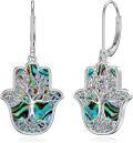 wholesale 925 Sterling Silver Metal Hamsa Tree Of Life Abalone Shell Evil Eye Dangle Earrings-0-0