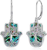 wholesale 925 Sterling Silver Metal Hamsa Tree Of Life Abalone Shell Evil Eye Dangle Earrings-Tree of Life