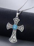 wholesale 925 Sterling Silver Cross Turquoise Stone Pendant Necklace for Women Men  48cm Chain Length-0-4