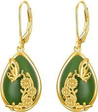 wholesale 14K Gold Plated Sterling Silver Round Natural Jade Earrings for Women-D-Butterfly-Gold