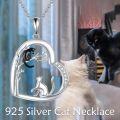 wholesale 925 Sterling Silver Black and White Cats in Love Heart Pendant Necklace with Cubic Zirconia Accents-0-5
