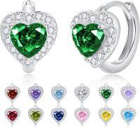 wholesale 925 Sterling Silver Cubic Zirconia 12 Birthstone Heart Huggie Hoop Earrings Valentine Wedding Gifts-05-May