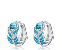 wholesale 925 Sterling Silver Blue Enamel Leaf Huggie Hoop Earrings with Turquoise Stone and CZ Accents-Feather