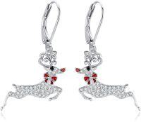 wholesale 925 Sterling Silver Christmas Tree Snowflake Reindeer Drop Earrings with Red Bow and Crystal Accents - Festive Holiday Jewelry for Women-Reindeer