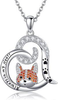 wholesale 925 Sterling Silver Fox Pendant Necklace with Cubic Zirconia and Heart Charm - Gifts for Women & Girls-Corgi