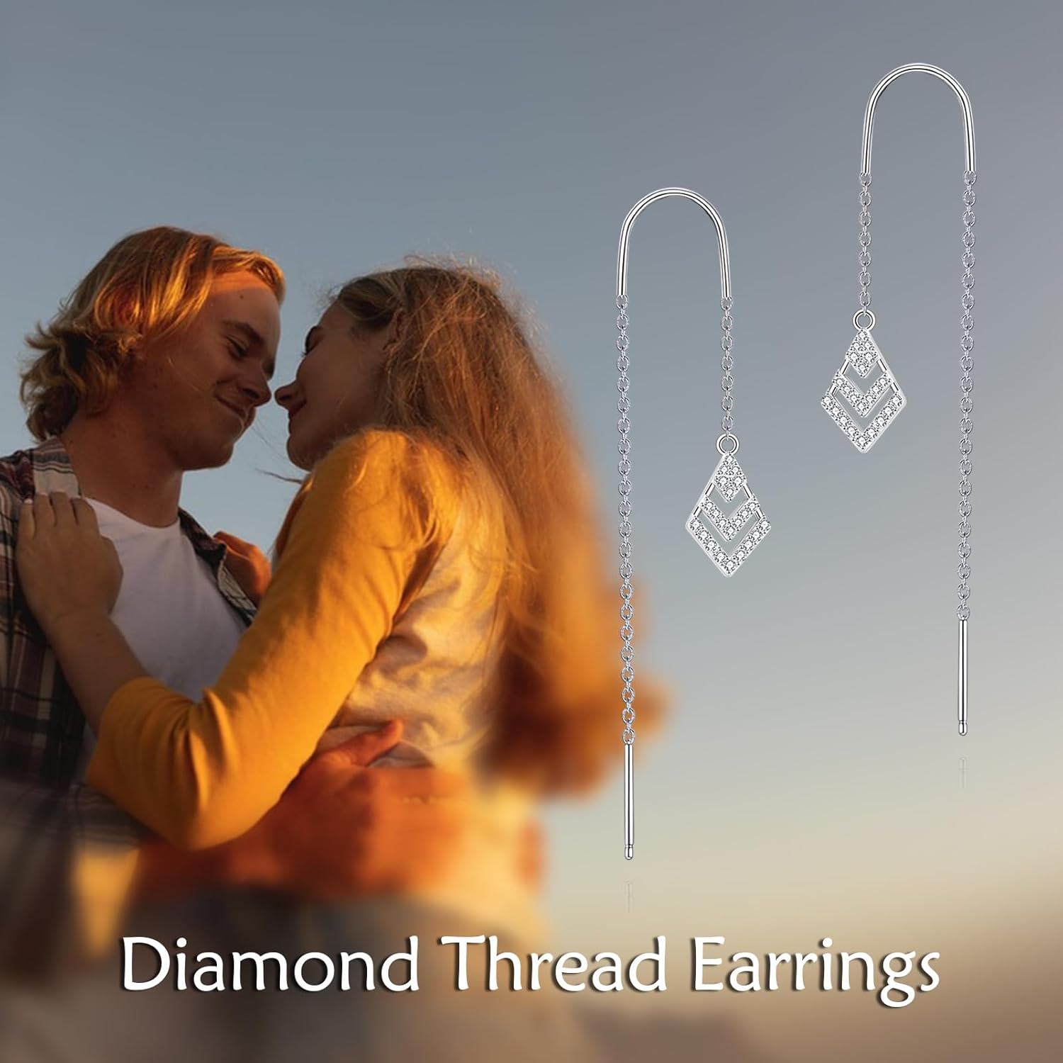 925 Sterling Silver Geometric Cubic Zirconia Shape Threader Dangle Drop Earrings with Cubic Zirconia Stones for Women-0-2