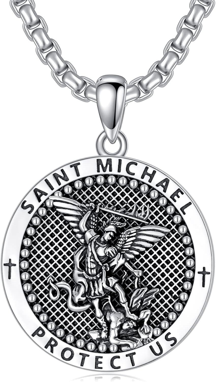 Sterling Silver Oval St Michael St Christopher Medal Archangel Cross Necklace w 22 +2 Chain-A04-St Michael