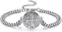 wholesale 925 Sterling Silver Saint Benedict Medal Charm Bracelet with Extender Chain for Men Women Boys Girls (Silver)-Saint Benedict