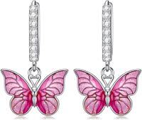 wholesale 925 Sterling Silver Pink Enamel Butterfly Drop Huggie Hoop Earrings for Women - 6 Designs-Pink Butterfly Earrings
