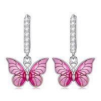 wholesale 925 Sterling Silver Pink Enamel Butterfly Drop Huggie Hoop Earrings for Women - 6 Designs-Pink Butterfly Earrings