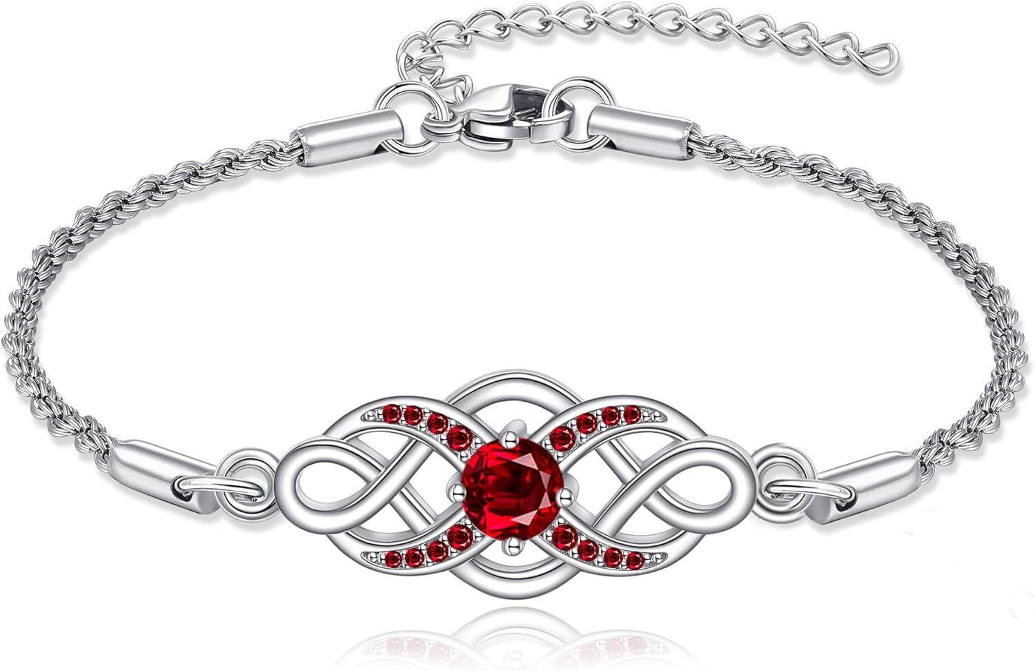Sterling Silver Irish Birthstone Celtic Knot Infinity Bracelet-01-Jan-Garnet