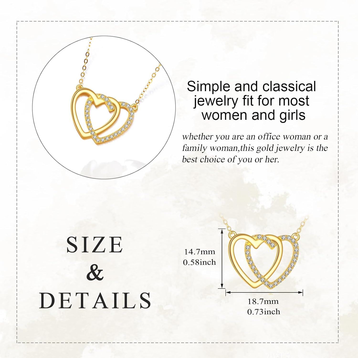 wholesale 10K Golden Cubic Zirconia Double Heart Pendant Necklace for Women-0-1