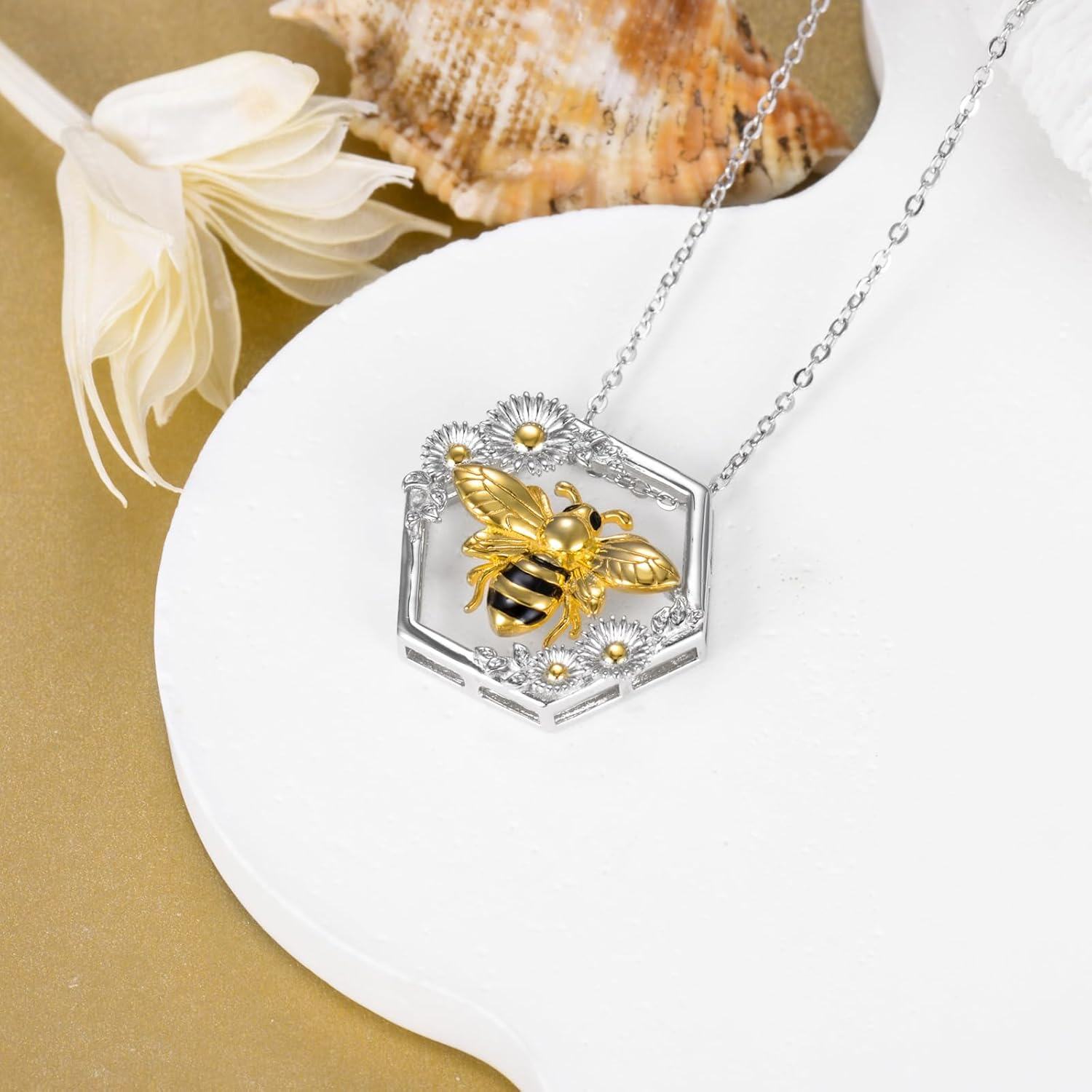 925 Sterling Silver Honeycomb Bee Pendant Necklace for Girls-0-4