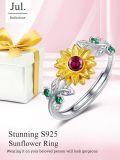 wholesale S925 Sterling Silver Gold Plated 1CT Natural Ruby Sunflower Ring Adjustable Love Gift for Women Wife Girlfriend Mom Daughter Birthday Valentine-0-1