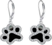 wholesale 925 Sterling Silver Black Enamel Dog Paw Print Leverback Drop Dangle Earrings for Women and Girls-black onyx paw