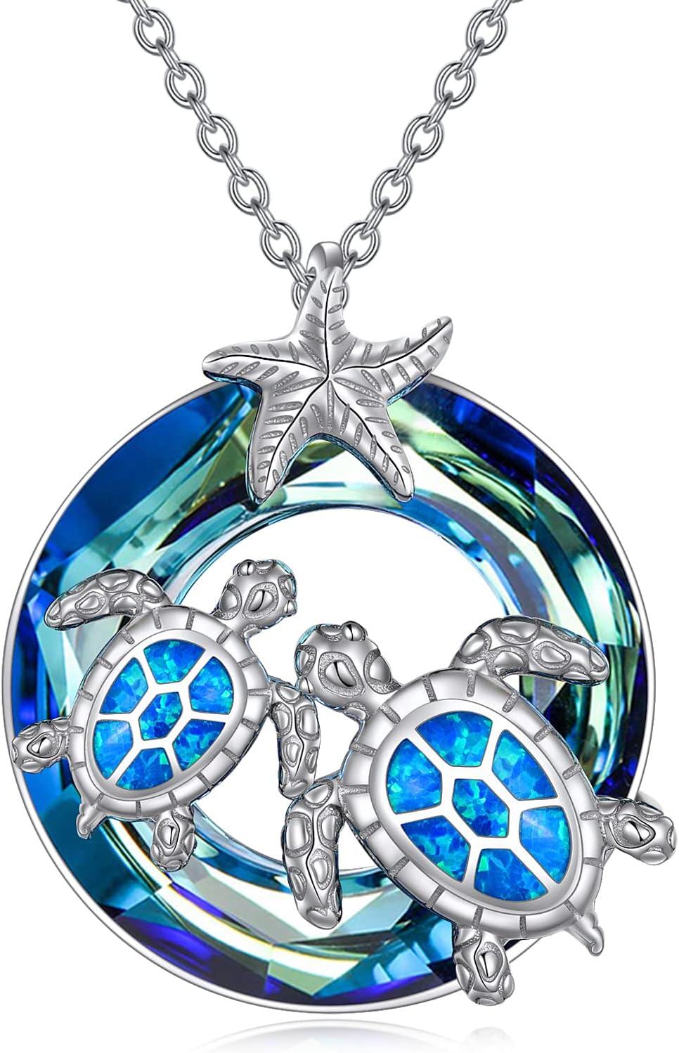 Sterling Silver Crystal Turtle Necklace for Women-Blue-2