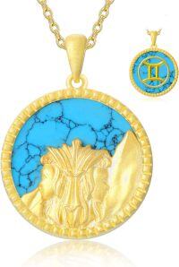 wholesale 18K Gold Plated Sterling Silver Synthetic Blue Turquoise Zodiac Necklace for Women-5-Gemini(0521-0621)