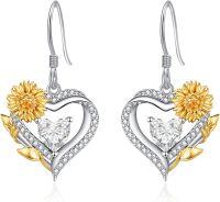 wholesale Sterling Silver Cubic Zirconia Sunflower Heart Dangle Hoop Earrings-deco